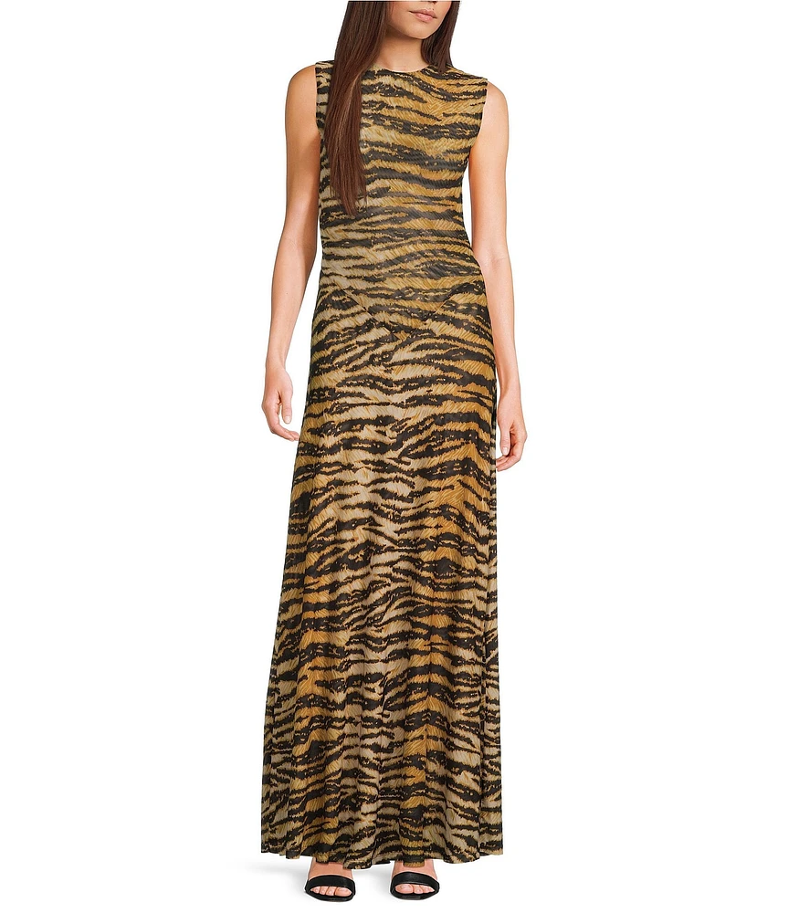 RONNY KOBO Uzina Double Layer Mesh Animal Print Round Neck Sleeveless Maxi A-Line Dress