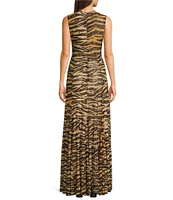 RONNY KOBO Uzina Double Layer Mesh Animal Print Round Neck Sleeveless Maxi A-Line Dress