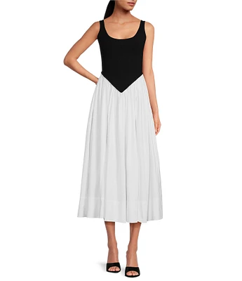 RONNY KOBO Verda Combo Knit Cotton Poplin Scoop Neck Sleeveless Drop Waist Dress