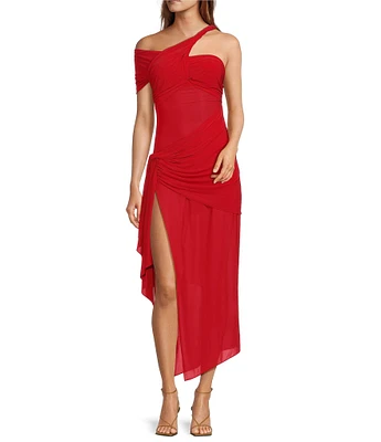 RONNY KOBO Viper Solid Matte Jersey Asymmetrical One Shoulder Neck Sheath Dress