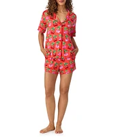 Room Service Cherry Print Short Sleeve Notch Collar Knit Shorty Pajama Set