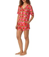 Room Service Cherry Print Short Sleeve Notch Collar Knit Shorty Pajama Set