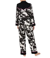 Room Service Cow Print Long Sleeve Notch Collar Satin Pant Pajama Set