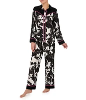 Room Service Cow Print Long Sleeve Notch Collar Satin Pant Pajama Set