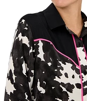 Room Service Cow Print Long Sleeve Notch Collar Satin Pant Pajama Set