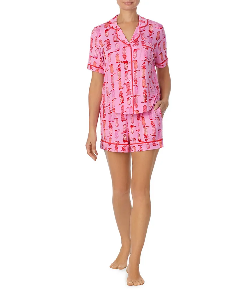 Room Service Cowboy Bouquet Print Short Sleeve Notch Collar Knit Pajama Set