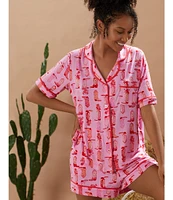 Room Service Cowboy Bouquet Print Short Sleeve Notch Collar Knit Pajama Set