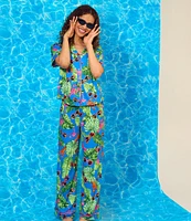 Room Service Lobster Tropical Lounge Short Sleeve Notch Collar Knit Pajama Set