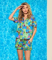 Room Service Tropical Lobster Lounge Short Sleeve Notch Collar Knit Shorty Pajama Set