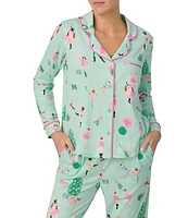 Room Service Long Sleeve Notch Collar Cozy Jersey Christmas Ballet Print Holiday Pajama Set