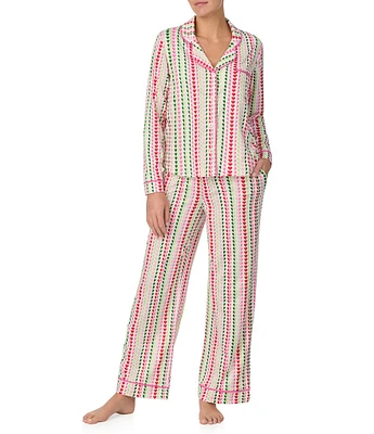 Room Service Long Sleeve Notch Collar Cozy Jersey Holiday Heart Striped Pajama Set