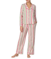 Room Service Long Sleeve Notch Collar Cozy Jersey Holiday Heart Striped Pajama Set