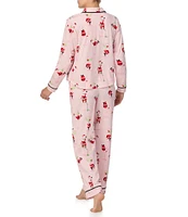 Room Service Long Sleeve Notch Collar Cozy Jersey Santa Print Holiday Pajama Set