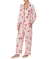 Room Service Long Sleeve Notch Collar Cozy Jersey Santa Print Holiday Pajama Set