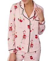 Room Service Long Sleeve Notch Collar Cozy Jersey Santa Print Holiday Pajama Set