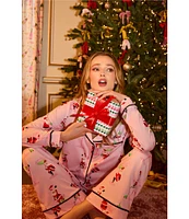 Room Service Long Sleeve Notch Collar Cozy Jersey Santa Print Holiday Pajama Set