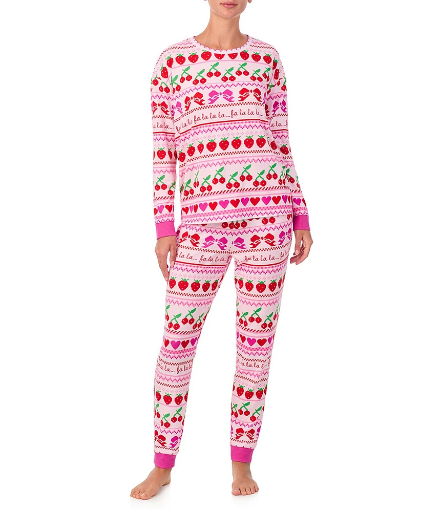 Room Service Long Sleeve Round Neck Top & Jogger Cozy Knit Fair Isle Holiday Pajama Set