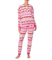 Room Service Long Sleeve Round Neck Top & Jogger Cozy Knit Fair Isle Holiday Pajama Set