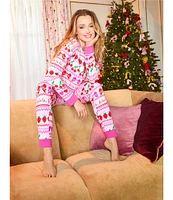 Room Service Long Sleeve Round Neck Top & Jogger Cozy Knit Fair Isle Holiday Pajama Set