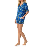 Room Service Palm Tree Print Short Sleeve Notch Collar Knit Shorty Pajama Set