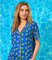 Room Service Palm Tree Print Short Sleeve Notch Collar Knit Shorty Pajama Set