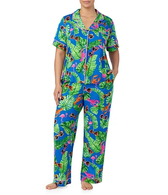 Room Service Plus Size Novelty Print Short Sleeve Notch Collar Knit Pant Pajama Set