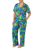 Room Service Plus Size Novelty Print Short Sleeve Notch Collar Knit Pant Pajama Set