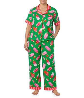 Room Service Plus Size Printed Short Sleeve Notch Collar Knit Pant Pajama Set