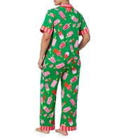 Room Service Plus Size Printed Short Sleeve Notch Collar Knit Pant Pajama Set