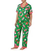 Room Service Plus Size Printed Short Sleeve Notch Collar Knit Pant Pajama Set