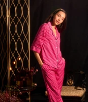 Room Service Satin 3/4 Sleeve Notch Collar Bee Geometric Pajama Set