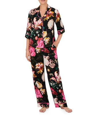 Room Service Satin 3/4 Sleeve Notch Collar Floral Pajama Set