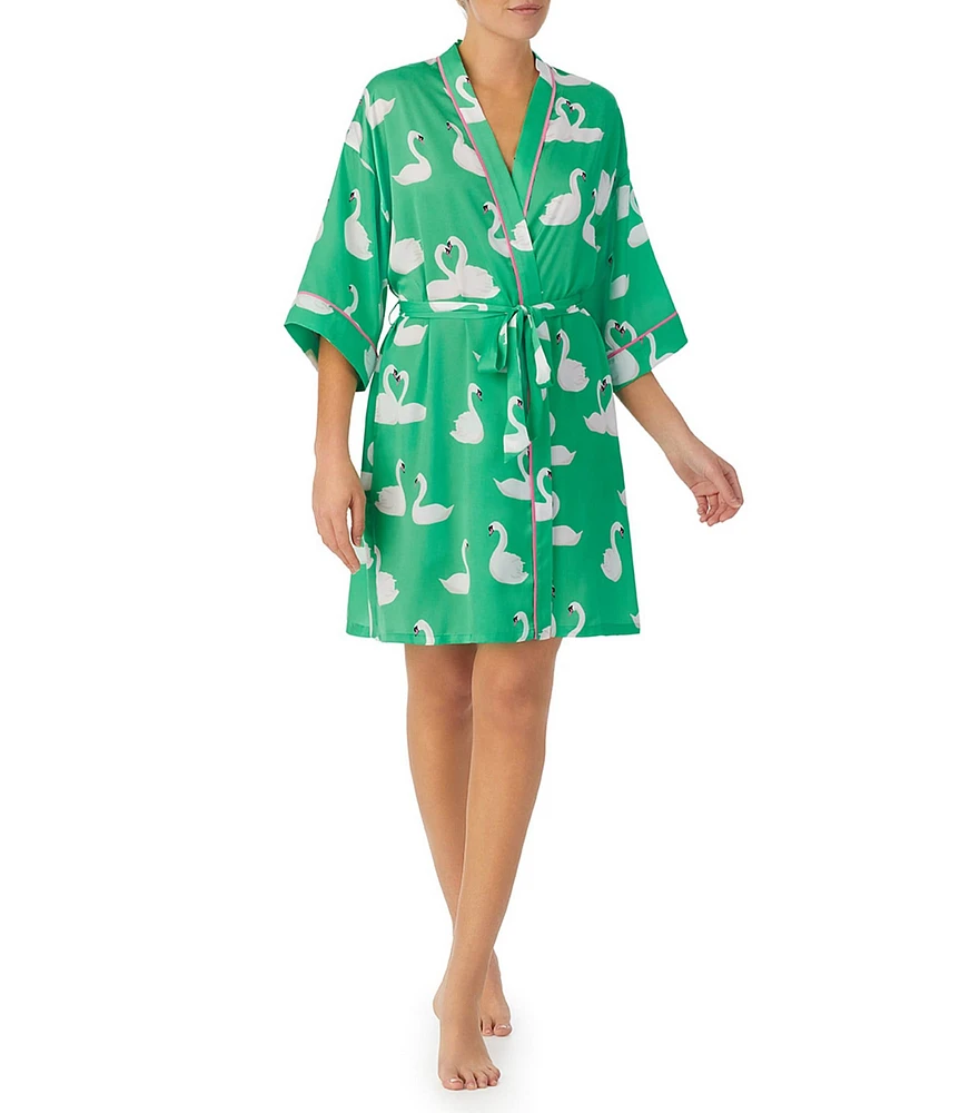 Room Service Satin 3/4 Sleeve Swan Print Coordinating Short Wrap Robe