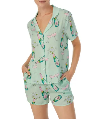 Room Service Satin Bubbly Floral Short Sleeve Notch Collar Shorty Pajama Set