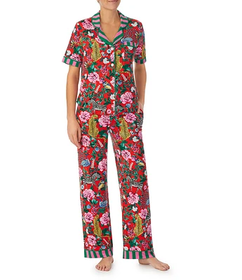 Room Service Short Sleeve Notch Collar Cozy Jersey Critter Print Pajama Set