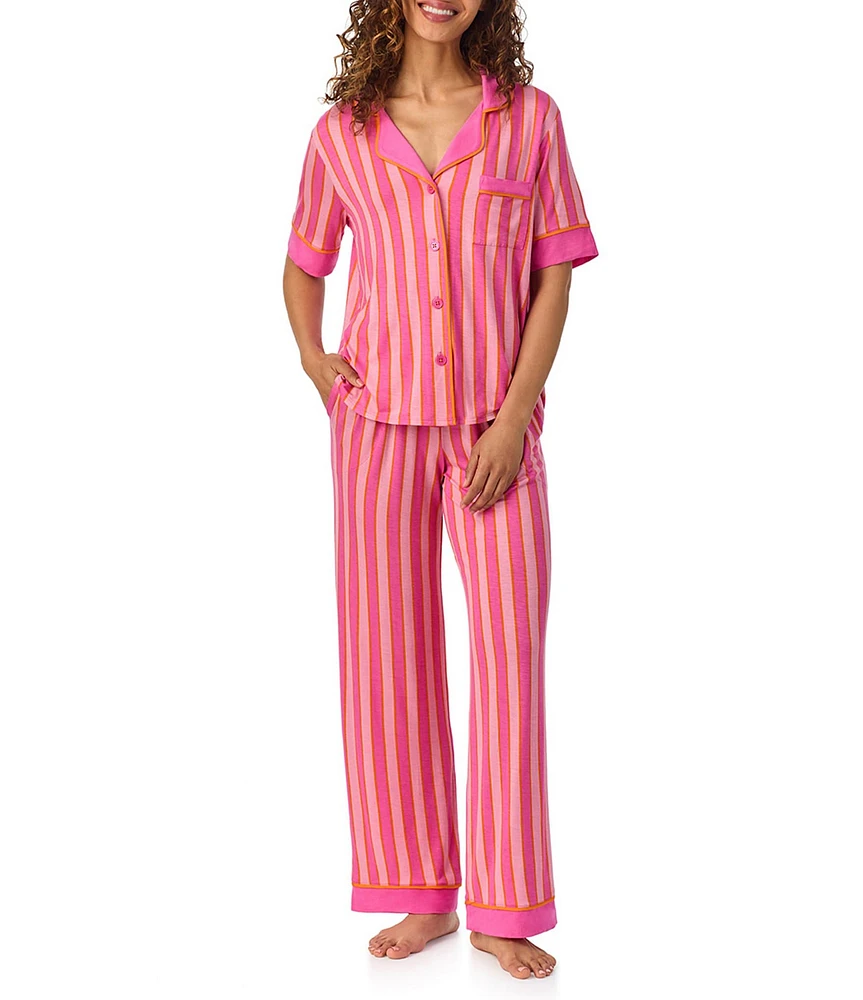 Room Service Striped Short Sleeve Notch Collar Knit Pajama Set
