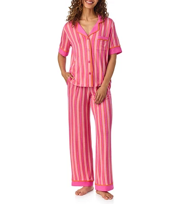 Room Service Striped Short Sleeve Notch Collar Knit Pajama Set