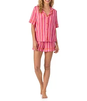 Room Service Striped Short Sleeve Notch Collar Knit Shorty Pajama Set