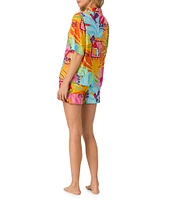 Room Service Sunset Greeting Print Short Sleeve Short Notch Collar Woven Shorty Pajama Set