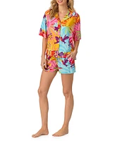 Room Service Sunset Greeting Print Short Sleeve Short Notch Collar Woven Shorty Pajama Set
