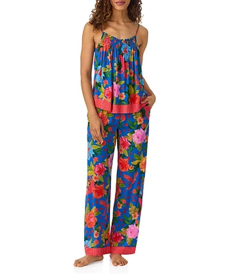 Room Service Woven Floral Print Sleeveless Scoop Neck Cami & Long Pant Pajama Set
