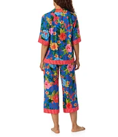 Room Service Woven Floral Short Sleeve Notch Collar Cropped Pajama Set