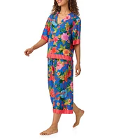 Room Service Woven Floral Short Sleeve Notch Collar Cropped Pajama Set
