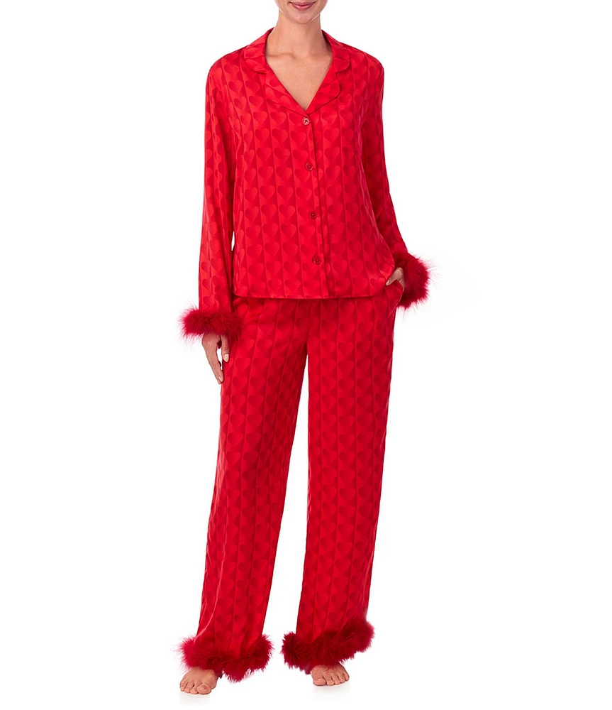 Room Service Woven Satin Heart Print Long Sleeve Notch Collar Feather Trim Pajama Set