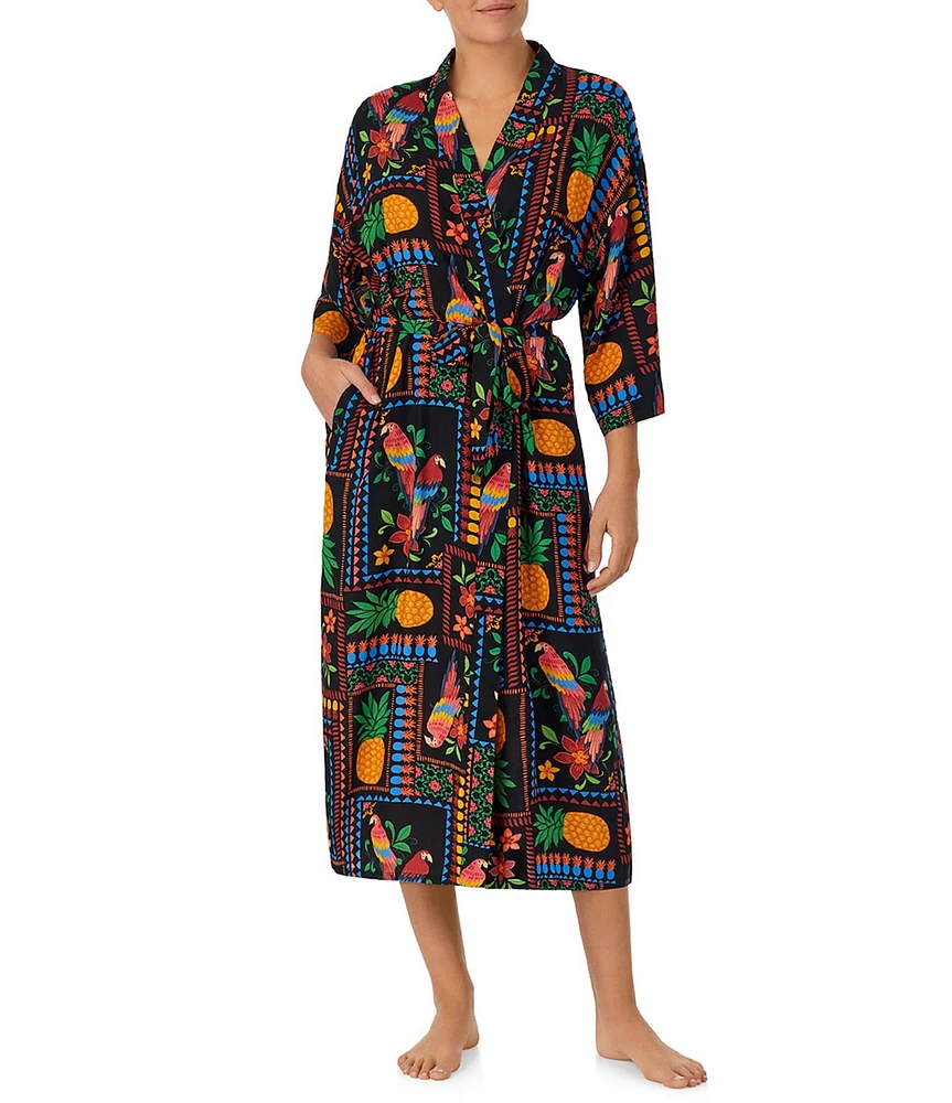 Room Service Woven Tropical Patchwork 3/4 Sleeve Maxi Robe