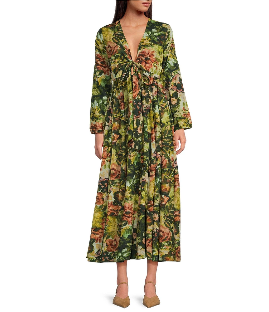 Ro's Garden Angela Woven Floral Print V-Neck Bow Tie Long Sleeve Flounce A-Line Maxi Dress