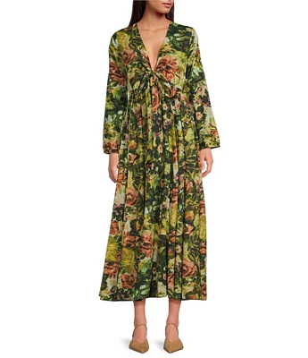 Ro's Garden Angela Woven Floral Print V-Neck Bow Tie Long Sleeve Flounce A-Line Maxi Dress