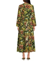 Ro's Garden Angela Woven Floral Print V-Neck Bow Tie Long Sleeve Flounce A-Line Maxi Dress