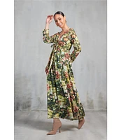 Ro's Garden Angela Woven Floral Print V-Neck Bow Tie Long Sleeve Flounce A-Line Maxi Dress