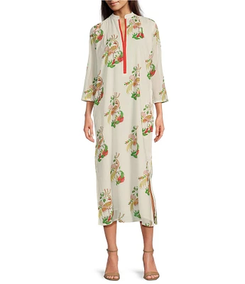 Ro's Garden Asha Floral Print Split V-Neck 3/4 Sleeve Kurta Midi Dress